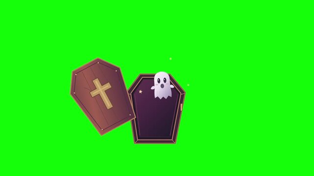 Cute ghost rises from an opening coffin on green screen