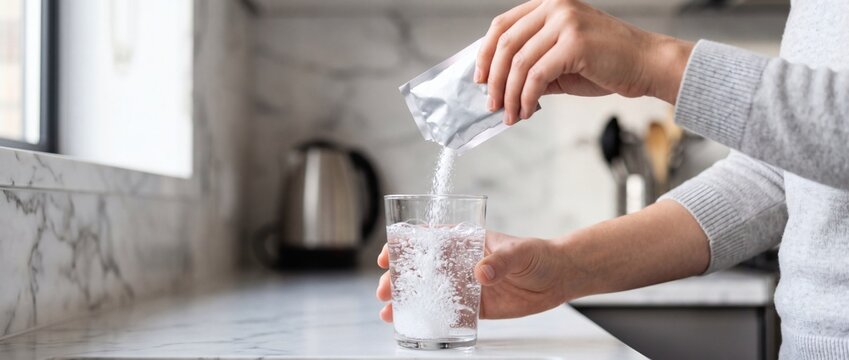 Person hands pouring effervescent medication powder sachet into glass of water, soluble pharmaceutical granules dissolving in kitchen. Patient prepares oral antacid painkiller relief drink.