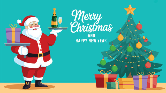 Jolly Santa Claus holds two trays filled with champagne and various wrapped gifts
