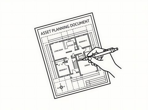 Hand pointing at asset planning document with floor plan sketch