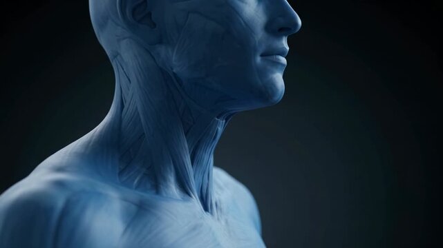3D medical animation video clip of a blue anatomical human model touching his neck to represent a sore throat or pain