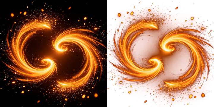 Png of abstract fire swirl with glowing sparks and particles, dynamic energy vortex effect on black and transparent background