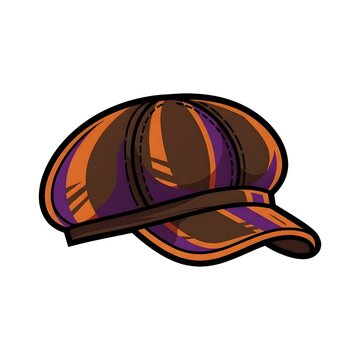Cartoon illustration of a vintage flat cap or newsboy hat in autumn colors of brown, orange, and purple stripes. Isolated on a white background.