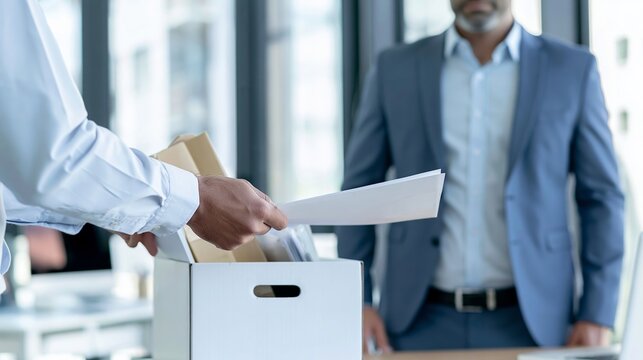 Employee packing belongings into a box while receiving termination documents, concept of job loss and unemployment