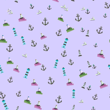 Nautical seamless pattern with anchors, sailboats, and lighthouses