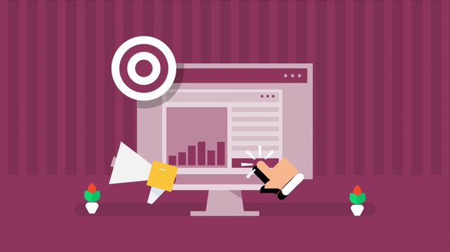 Computer screen displays CTR or Click through analytics dashboard that monitors campaign performance including reach, traffic engagement,  target audience, website visits and sales.