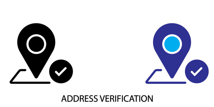 Address verification icon featuring a location pin symbol and checkmark map marker check mark data verification