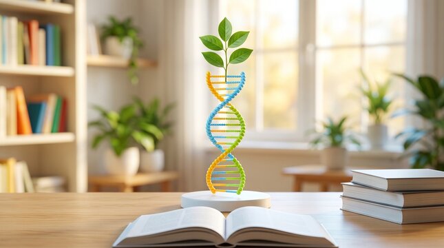DNA Helix Model with Growing Green Plant Leaf on Library Study Desk &ndash; Biotech Education Concept