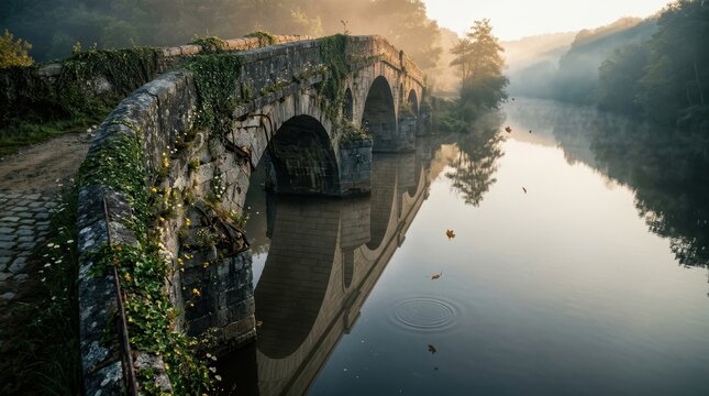 Ancient Stone Bridge Over River with Mist and Temporal Reflection Metaphor