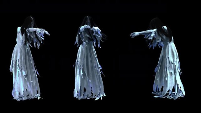 3D render of a creepy female ghost in torn white dress walking. 4K seamless loop with alpha channel for Halloween.