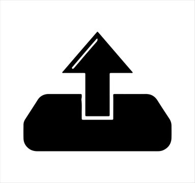 Minimalist upload icon vector, black arrow pointing up from tray symbol, flat digital interface button for data transfer and cloud storage