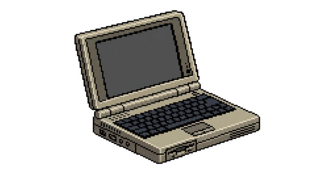 Pixel art style vintage laptop computer illustration isolated on transparent background