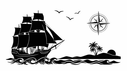 Old sailing ship approaching tropical island with compass © Rahul