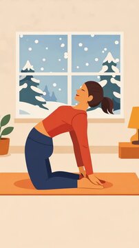 Woman practicing a camel yoga pose at home by a snowy window a kneeling backbend sequence showing gentle stretching and mindful winter exercise.