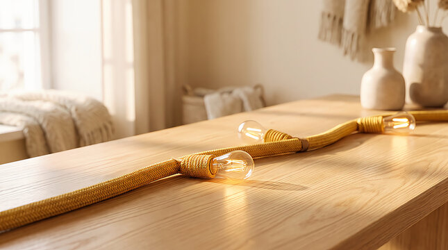 String of glowing warm yellow light bulbs lying on a rustic wooden table in a cozy home interior