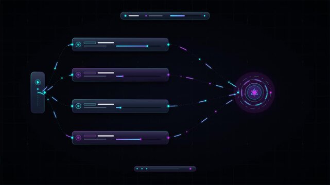 Futuristic HUD data flow visualization with neon cyan and purple interface elements showing information processing and digital connection lines on a dark background for technology and science.