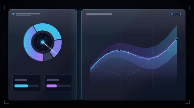 Abstract futuristic digital dashboard interface with blue and purple circular gauges and line charts displaying data analytics, financial statistics, and modern information tech on dark background.