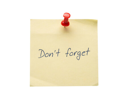 Yellow sticky note with red pushpin and "don't solated on transparent background