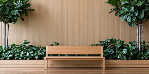 Naklejka premium Minimalist wooden bench in modern interior with green