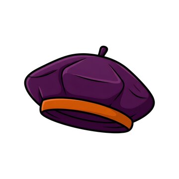 A cute cartoon-style illustration of a purple beret with a bright orange band, isolated on a white background. Perfect for autumn, fashion, or Halloween themes.