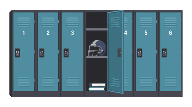 School or gym locker room interior with open doors vector illustration