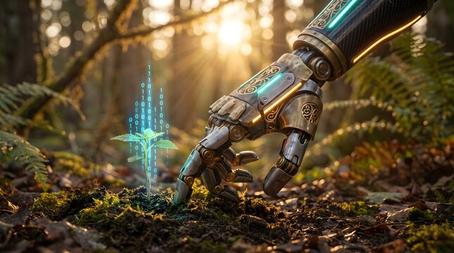 Robotic hand touches small green seedling emerging from soil as blue binary code projections float elegantly in warm natural light