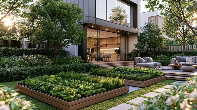 Modern house with raised garden beds in lush
