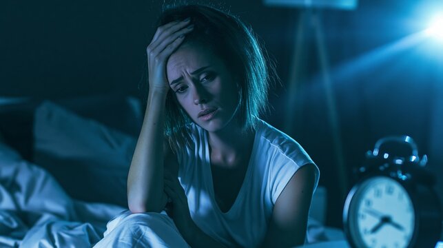 Young woman awake in bed suffering from insomnia, experiencing sleeplessness and anxiety at night
