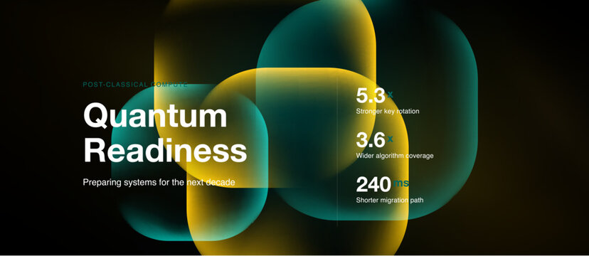 Abstract design promoting quantum readiness. Metrics highlight improved key rotation, algorithm coverage, migration speed. Modern, vibrant visuals.