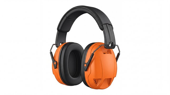 Industrial safety orange earmuffs with black headband for construction noise protection shown on white background