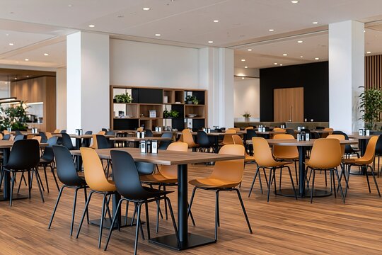 Modern office cafeteria with empty tables and chairs