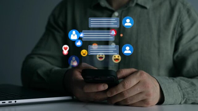 Chat messaging concept with emoji feedback, likes, comments and instant responses. Modern online communication and social interaction between users.