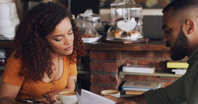 Owner, woman and documents in cafe for meeting, staff scheduling and review leave request. Small business, partner or teamwork with paper for restaurant operations, fix roster clash or shift planning