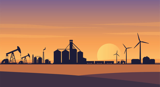 silhouette industrial energy transition during sunset. oil pump jacks, refinery plants, grain silos, freight train cars, agriculture equipment, and modern wind turbines against a glowing orange and pu