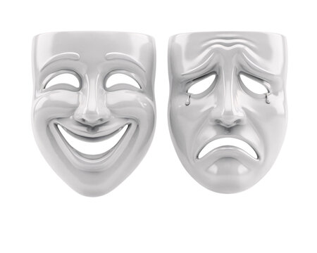 White comedy and tragedy masks side-by-side on black solated on transparent background