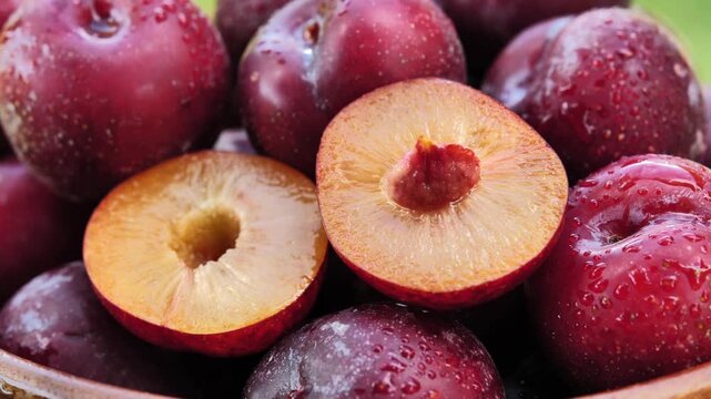 	
Fresh Plums in a wood bowl
