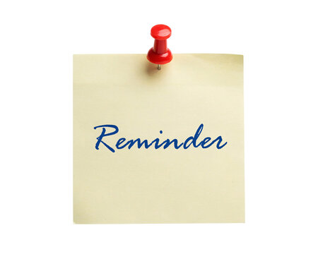 Yellow sticky note with "reminder" text pinned by a red solated on transparent background