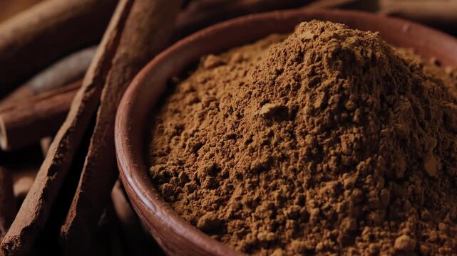 Ground cinnamon powder in a ceramic bowl, close-up view showing the fine texture and warm brown color, natural spice ingredient.	
