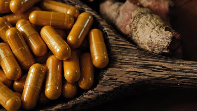 Turmeric capsules made from turmeric extract, presented as a natural herbal supplement and traditional herbal product