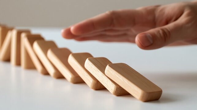 Hand stops falling wooden dominoes on white surface