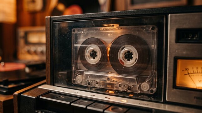 Vintage cassette tape reels spinning inside open player with visible wear in dimly lit retro studio setting