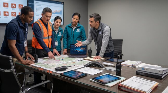Disaster response team reviewing earthquake safety plans at a coordination meeting