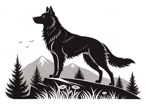 black and white wolf silhouette   in mountain Illustration