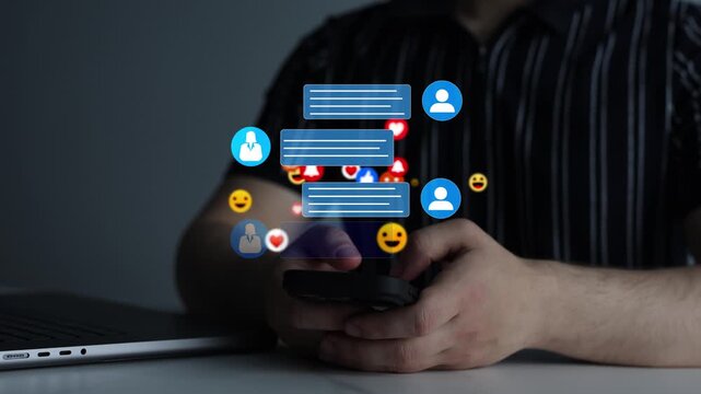 Online chat communication concept with text messages, emoji reactions, likes and comments. Social interaction between users through instant messaging, engagement and digital conversation on mobile dev