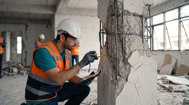 Construction engineer inspecting earthquake-damaged concrete wall in unfinished building interior