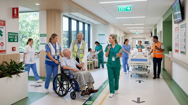 Medical team assisting patients during earthquake emergency drill in hospital corridor