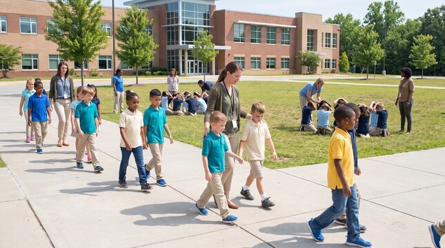 Diverse group of schoolchildren and teachers practicing an earthquake safety drill outside a school building