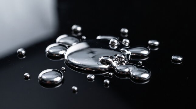Liquid mercury droplets on black surface, shiny metallic quicksilver blobs, chrome silver fluid metal spheres for science and industrial concepts