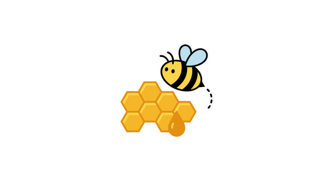 Cute cartoon bee flying over golden honeycomb.