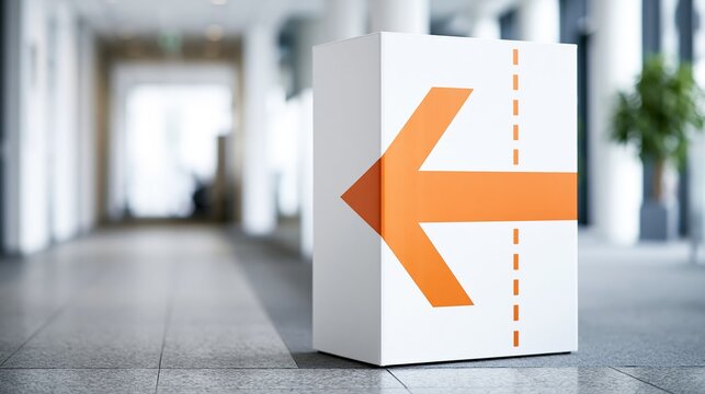 White box with orange left arrow stands in